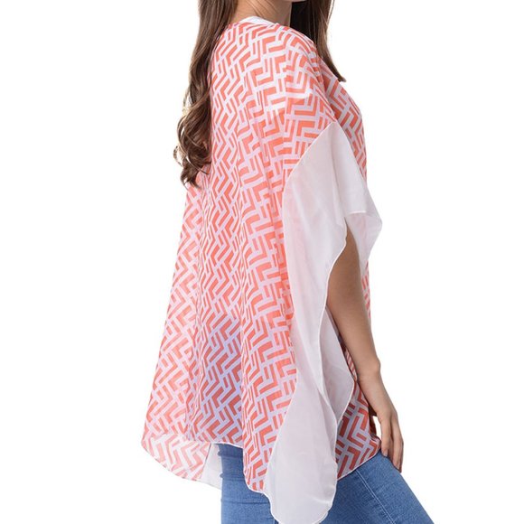 Coral Geometric Pattern Poncho - Picture 2 of 3